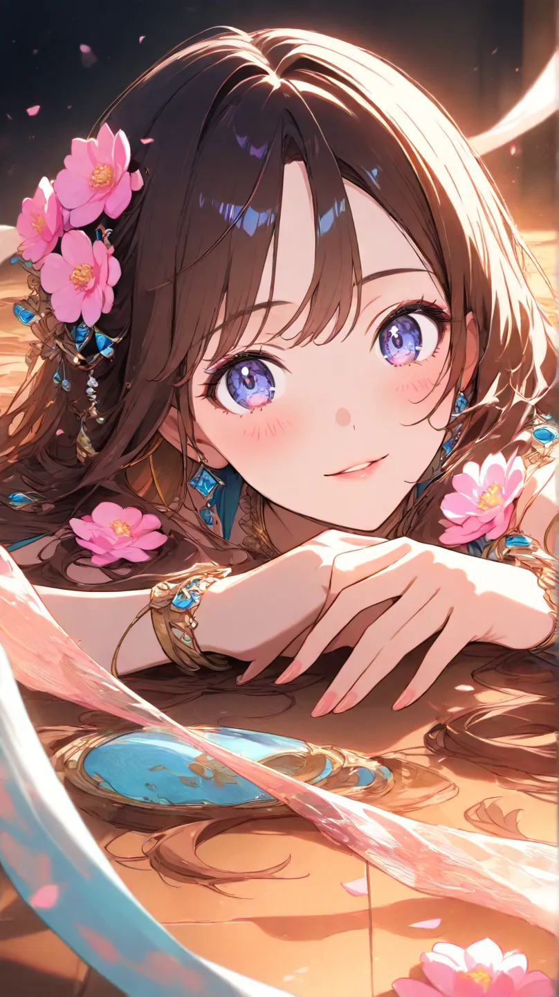 high quality　best image quality　Super Detail　high quality　4k 8k vivid dancer 　long brown hairstyle　  pink flower hair ornament  　 medium chest　 　lying on the floor　embarrassed face　Fortune abates