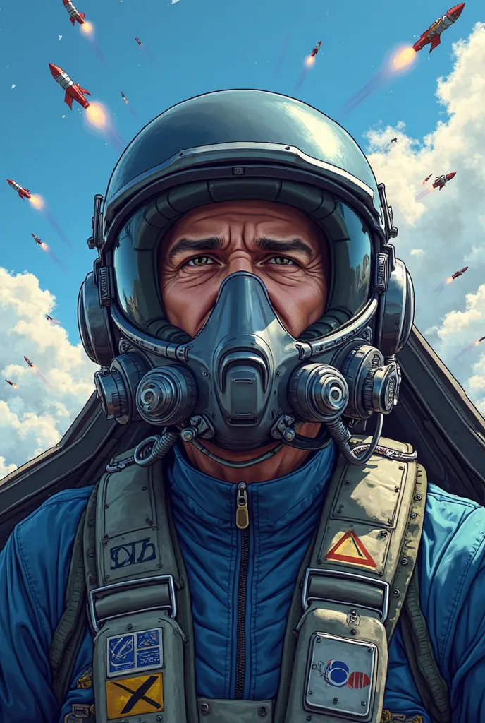 Draw a military exterminator pilot in a fighter cockpit,wearing a brutal, serious, experienced and strong helmet,paint a blue sky in the background,add lots of military details to the pilot,take into account that the cockpit is closed pilots,are high in th...