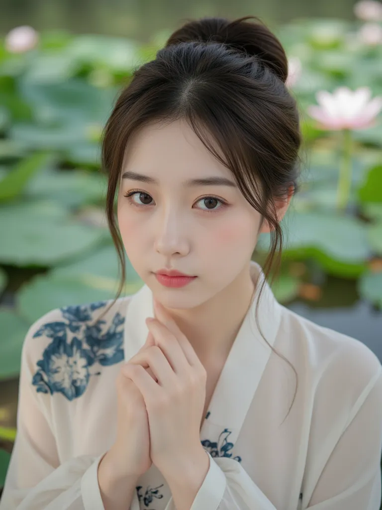 (Chinese)、((CHINESE CLOTHES))、 clothes are peeling、Beautiful skin、I'm tying my hair in a circle、Chinese bun hair、beautiful river with water lilies in the background、20 years old、woman, cute、super detailed,(((realistic, photo realistic, photo-realistic:1.37...