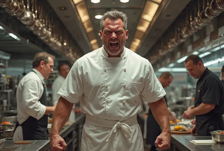 A chef at a luxury restaurant who rumbles, Who got angry.

I want the image to be completely realistic.