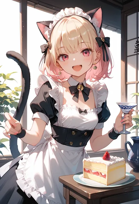 Score_9,Score_8_up ,Score_7_up ,highest quality anime,,masterpiece,1 girl,slim,small breasts,(Ideal slender proportions),(black_ long_hair,straight_bangs,maid costume,cat ears,cat tail,cat hands),(having 一升瓶 of sake and cake:1.4),(happy,fun,Loughing:1.4)