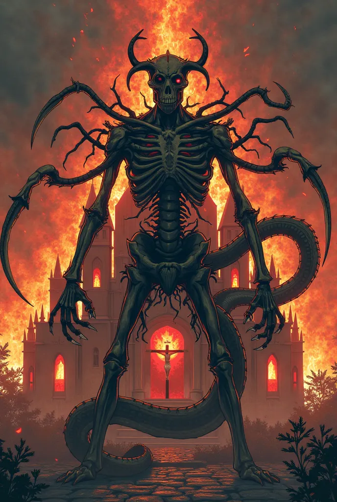 Demon half snake half human skeleton has no arms in its place it has tentacles on each end of the tentacle it has two knife blades with a skull face on its forehead it has a salton eye, IT HAS NO FEET in its place it has the lower half it IS of the body of...