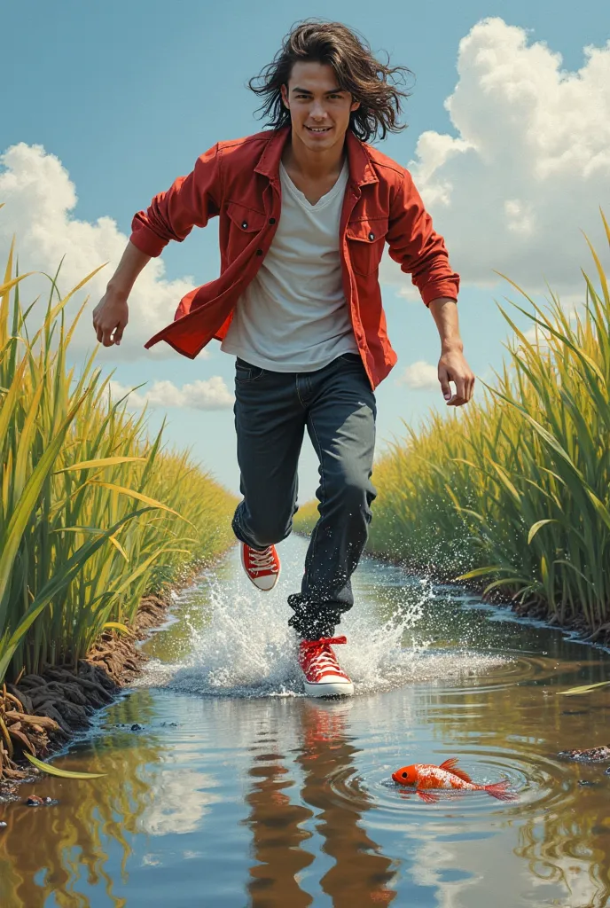 produce hyper realistic glossy oil painting in gongbi style handsome young man 17 with long flowing hair, wearing casual clothes, black jeans, red Converse shoes, running and dipping his feet in a puddle of oil in the middle of a rice field embankment a fi...