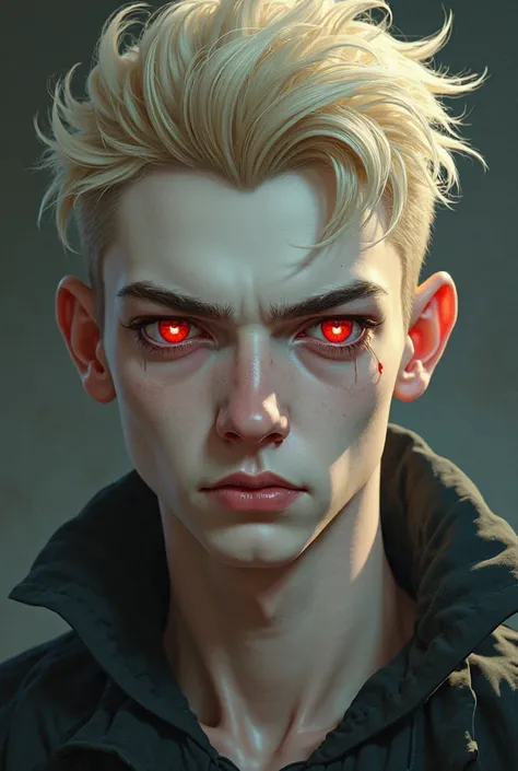 Create a young man, pale skinned, bright red slanted eyes,  very short blonde hair , handsome, with a slightly maniacal expression, in the drawing style of the Arcane series.