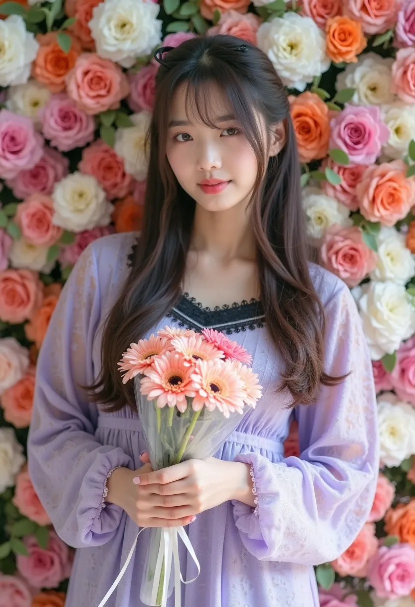 A portrait of a young Asian woman standing in front of a flower wall. She has long, dark brown hair with a black ribbon hair clip. She is wearing a light purple lace two-piece outfit with a black lace detail at the neckline. She is holding a small bouquet ...