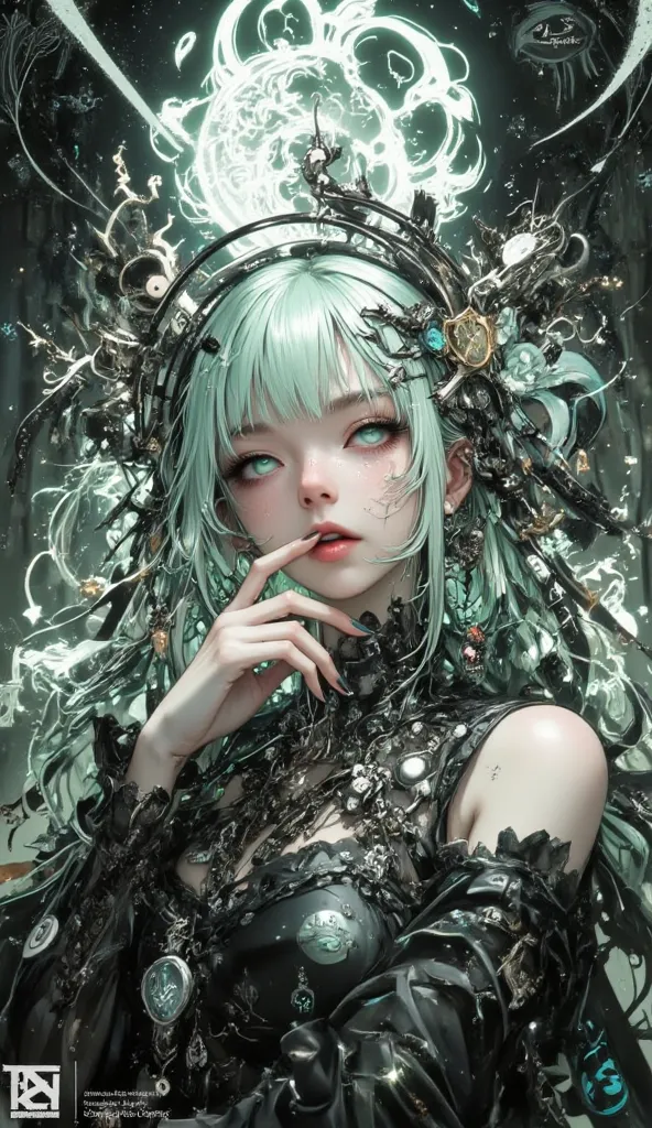 Tim Burton Style、 young woman、 light mint green hair、The left hand is close to the jaw、