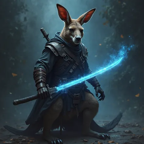 (photorealism:1.2), powerful kangaroo dark warrior, holding glowing blue katana blade with dark misty aura on the right hand, soft lighting, pitch black misty aura in background, determined pose, realistic, intricate details, dark colors