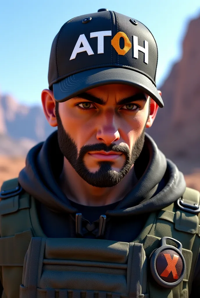 A free fire character wearing a black cap,ATOH written on it