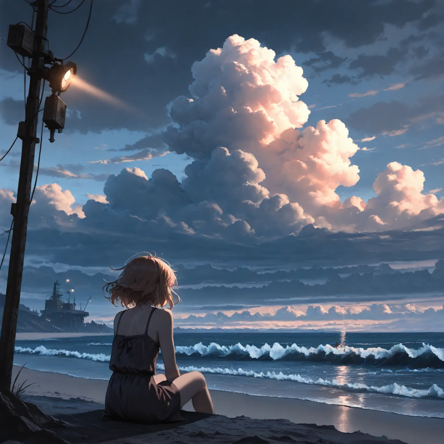 ( masterpiece, best quality: 1.2), super detailed, movie lights, HDR, illustration, landscape, 1 Girl, ( soft colors), Post-apocalyptic beach,  in the dark, desolate atmosphere,  Girl Sitting on the Beach,  Covered Vegetation , (cloudy day),  Waves Clappin...