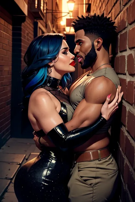 Demi Lovato pushes African American singer Jason Derulo up against a brick wall in the middle of a night-darkened alley as the two engage in a steamy and passionate kiss. Both look happy together. Demi is dressed the way she did in the "Cool for the Summer...