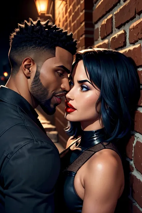 Demi Lovato pushes African American singer Jason Derulo up against a brick wall in the middle of a night-darkened alley as the two engage in a steamy and passionate kiss. Both look happy together. Demi is dressed the way she did in the "Cool for the Summer...