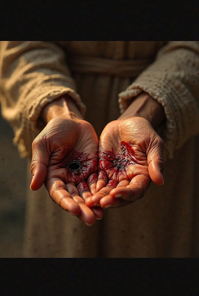 There's a hole in the center of each hand bleeding like sores. "jesus, in a resurrection scene, is seen in a perspective of vision (throw), as if the spectator were looking directly at their own hands. He's lying down, with the hands extended in front of y...