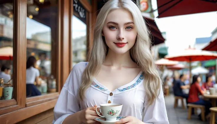 photography full body of very beautiful realistic girl, holding a cup of tea, outdoor tea shop, porcelain skin, very fair skin, very pale white skin, platinum long hair, very detail skin texture, hazel eyes, slanted eyes, small nose, small nostril, beautif...