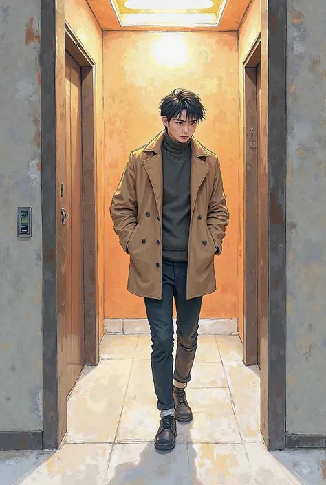 Xiao Ming feels the warmth emanating from the coat，The mood gradually brightens when taking the elevator，The people next to the contrast are cold，bust figure。Help me make a simple drawing. I'm going to make a picture as a sketch, black and white, and two c...