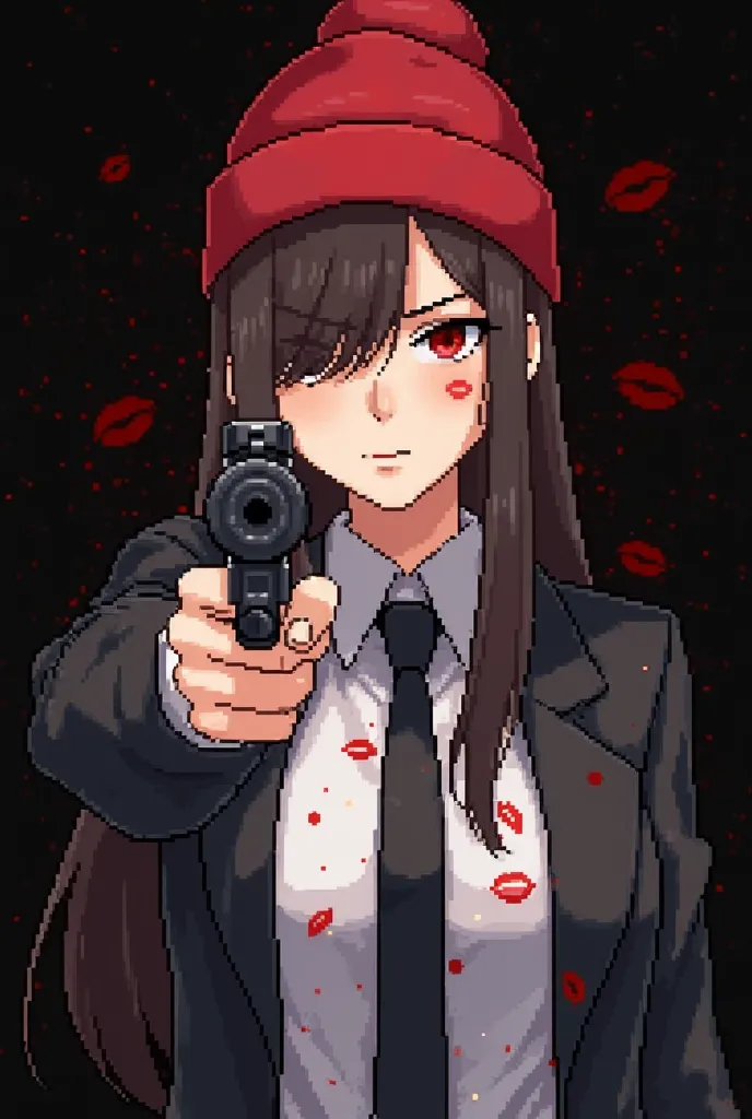 Female pixel-type characters long dark brown hair with bangs on their face red beanie hat serious smile looking forward blinking the left eye with a black gun pointed at the camera white shirt and black jacket with black tie lenses on the face and that the...