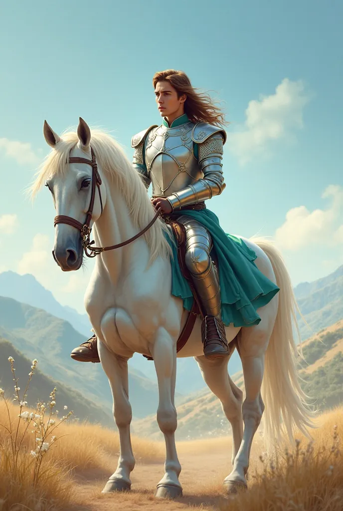 A young prince with brown hair, on a white horse dressed in silver and turquoise 