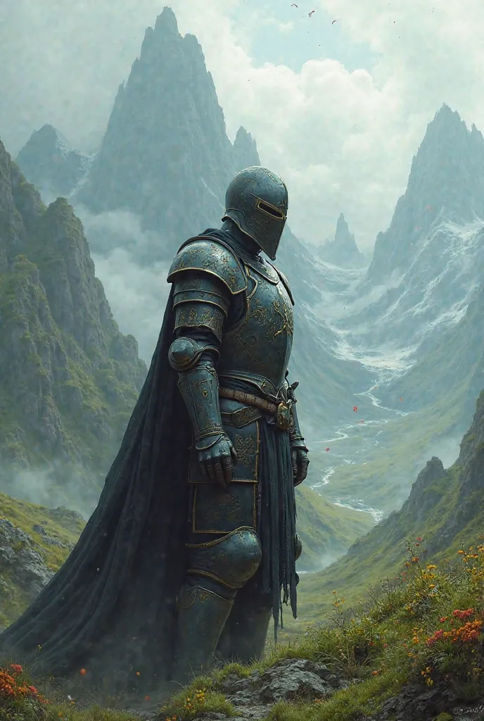 The knight from Dark Fantasy walks under a beautiful view