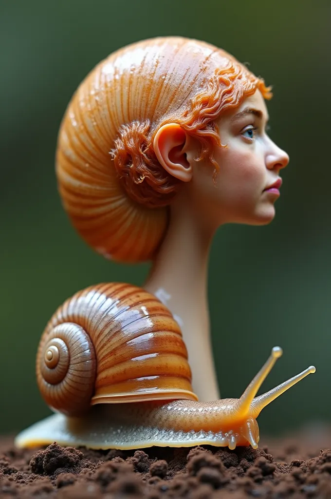 anthropotourneric caracol Liguus virgineus , Cet impressionnant escargot a une coquille conique très colorée et distinctive., Extremely beautiful.  magic, Human head of a model of a redheaded French girl of 2, Neck growing from the ground, neck cream Liguu...