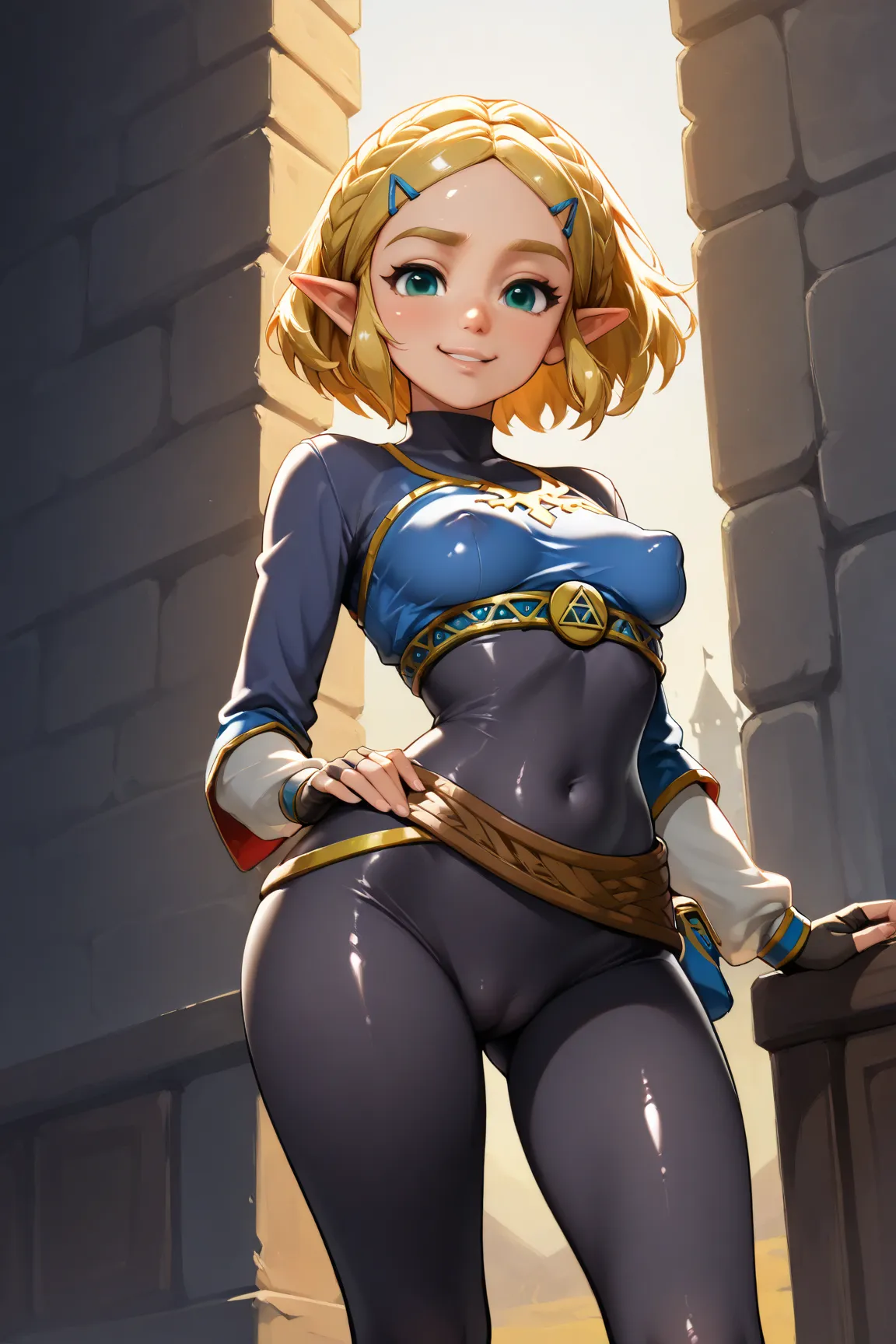 1 girl, solo, Highly detailed, slender legs, thin waist, anime, anime style, hyrule castle, normal sized body, shadows, sexy eyes, highly detailed eyes,, 8k, sexy face, small perky breasts,  anime style, black outline, bright colors, vibrant, princess Zeld...