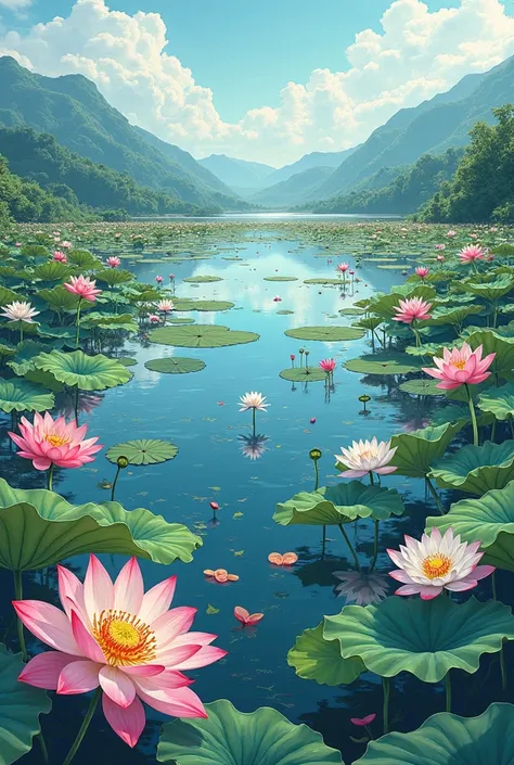 create an image of a large lotus lake that shows the entire horizon from the top view down but tilts about 45 degrees
with a style like drawing with ilustrator, bright colors