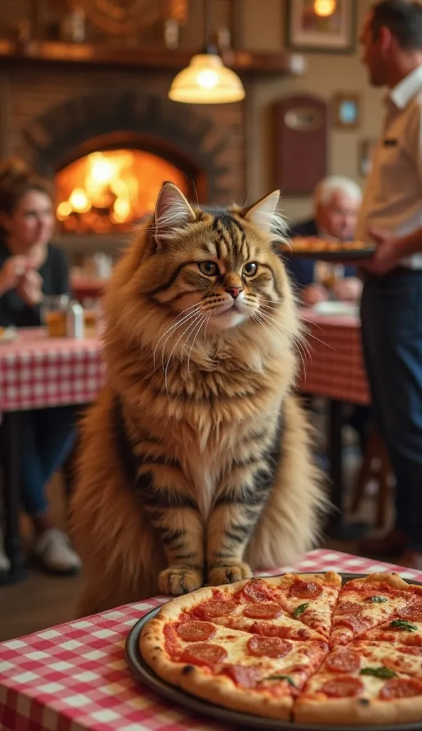 "The fluffy cat, after enjoying too much pizza, suddenly starts to feel unwell inside the cozy pizza parlor. Its ears lower, and its body hunches slightly as it prepares to vomit. The warm restaurant, with its wooden tables and red-checkered tablecloths, f...