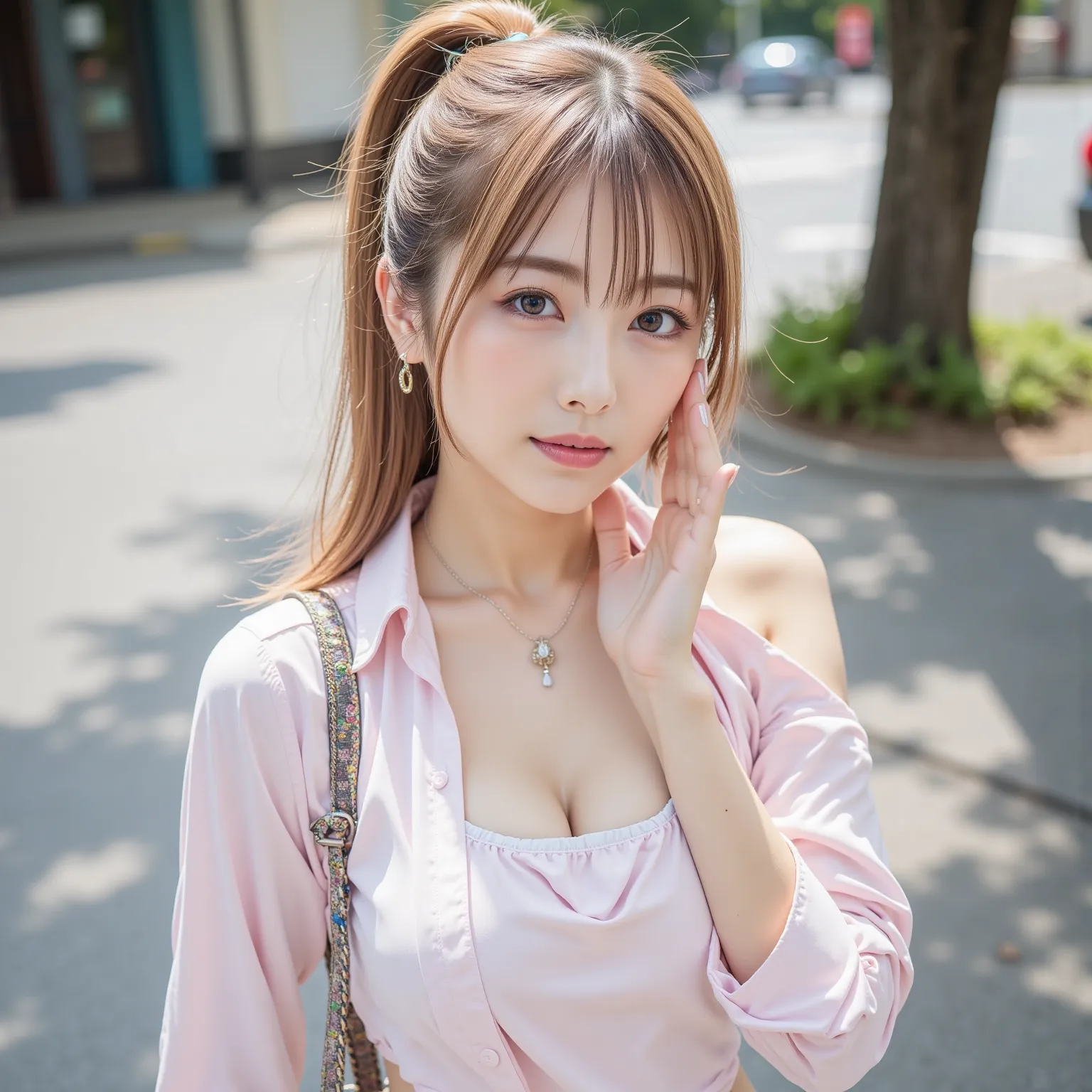 ((8K wallpaper)),((blond hair)),((short ponytail)),((big breasts,Big Breasts)),(( beautiful Japanese girl)),((Intelligent Glasses)),((street corner background )),((colorful manicure for nails)),((earrings, necklaces)), ribbons,((No underwear))， ((Wear a br...