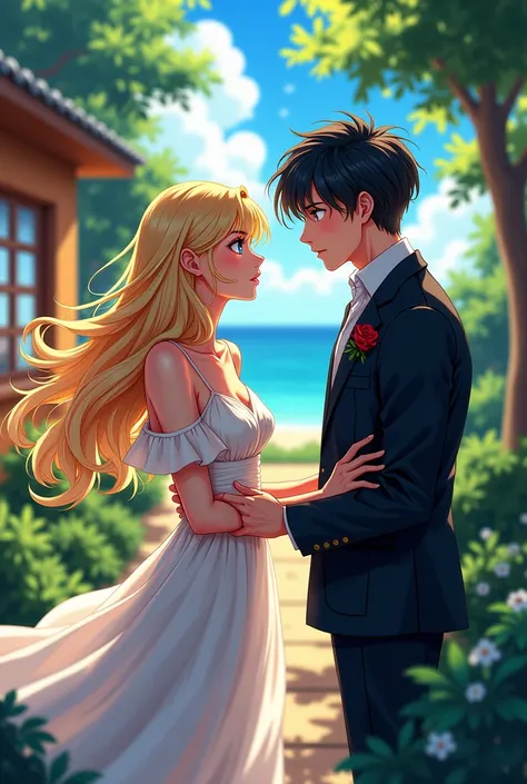 Anime style, A beautiful girl with blond hair and blue eyes, dressed in a dress is standing next to a guy with dark hair and dark eyes. Against the background of a holiday home. anime style. 