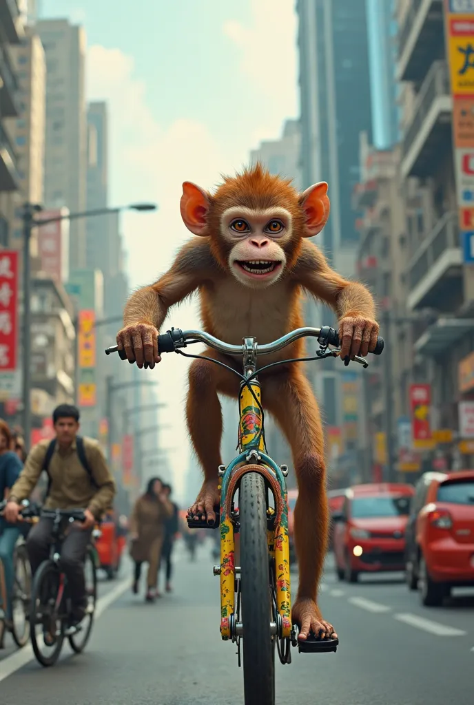 A monkey riding a bicycle in crowded street