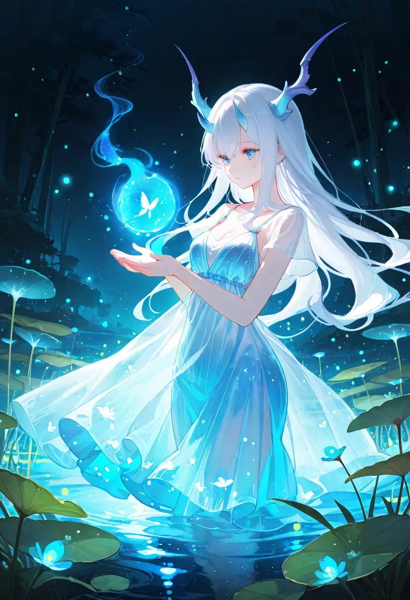 
horned swamps, girl with horns, ethereal translucent dress, long hair, white hair, blue fireflies, blue light particles, magic,