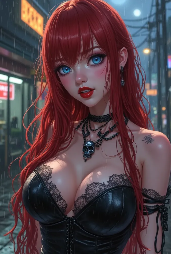 (best quality,  ultra-detailed ,  Photorealistic : 1.39),  bright and vibrant colors ,  studio lighting ,   romantic expression  , A girly girl, With a delicate and beautiful face. Beautiful and adult Gothicic woman with her with long red hair matches the ...