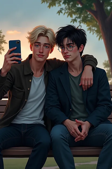 Create realistic illustration showing adult Draco Malfoy take a selfie. There's also adult Harry Potter. Sitting on park bench with twilight ambient. Draco holding the phone. Harry Potter has green eyes and black hair with round glasses. Draco Malfoy has b...