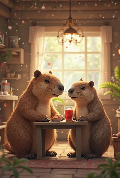 Capybara with a beaver at the table