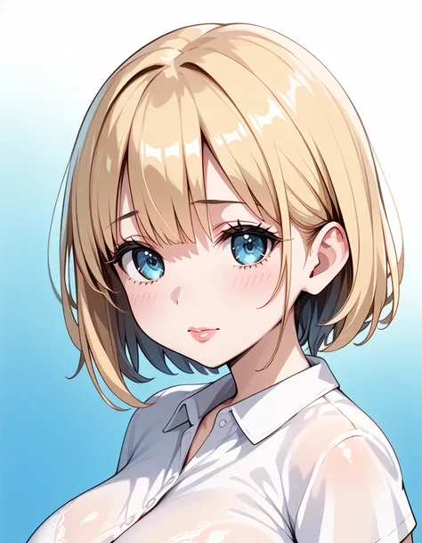 (( best quality:1.4)),  white black,Big Breasts, adult woman with yellow short hair ,  mature face with thick lips,  white short sleeve shirt, sad expression