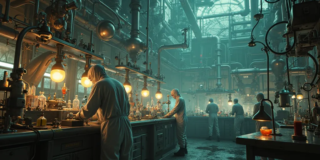 Steampunk style laboratory, game concept art, medium view, several scientists in white overalls doing experiments, laboratory background, BioShock concept art,, Mystery Labs, octane render, best quality, 8k