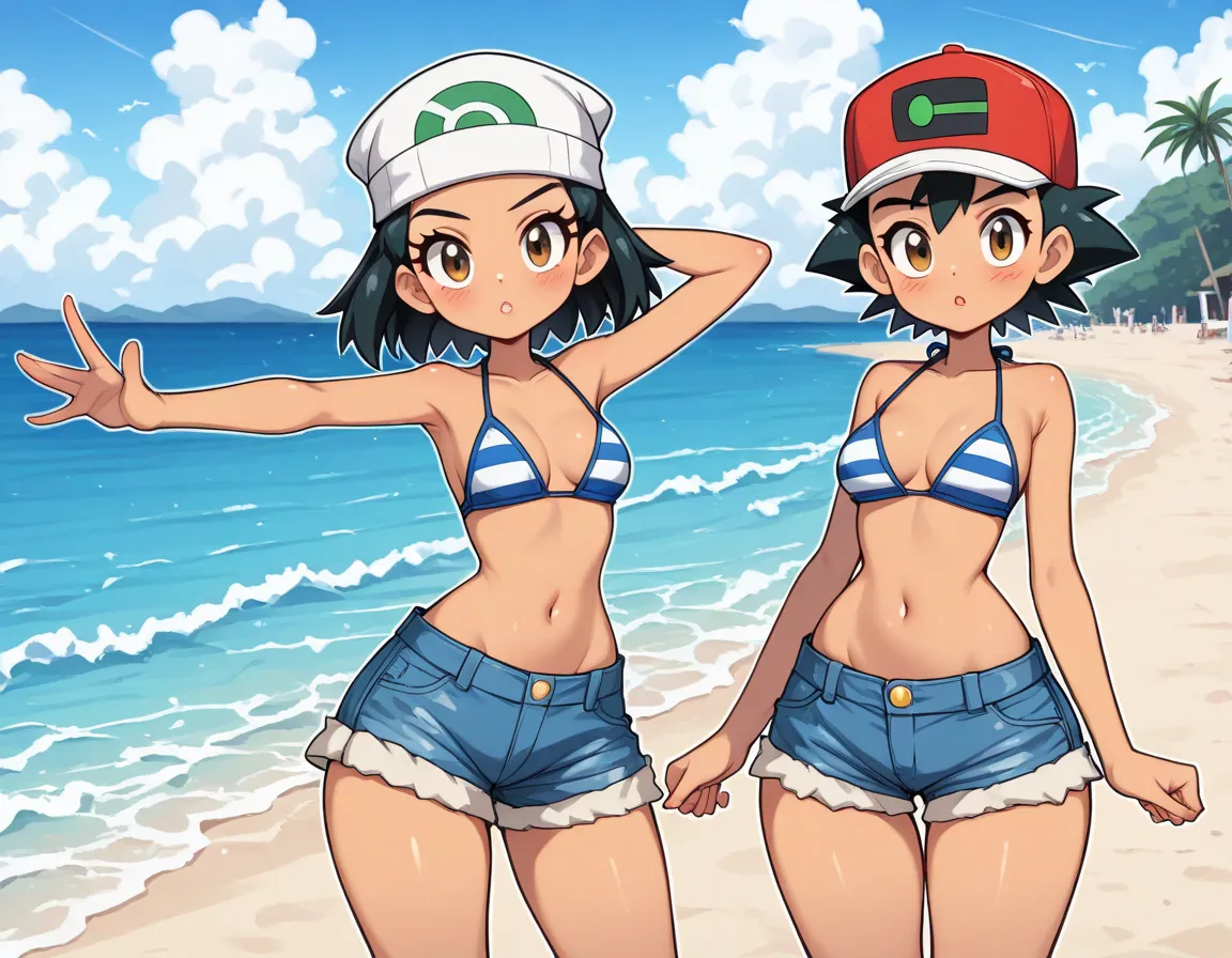 score_9, score_8_up, score_7_up, (((Masterpiece))), (((highres))), (((1girl, solo))), Diva pose, shading, sharp focus, raytracing, 23yo, Ash_Ketchum_\(pokemon\), brown eyes, cap, red and white cap, Black hair, ((long lashes)), lush lips, tan skin, thin wai...