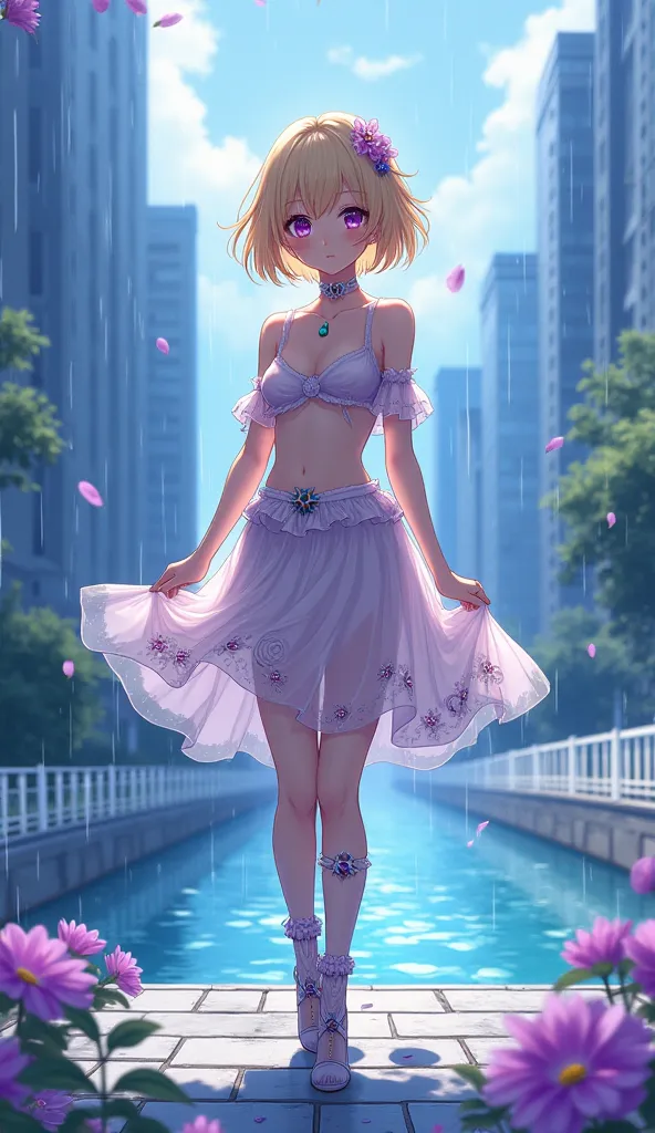 masterpiece, highest quality, High Resolution, very detailed,((( pretty blonde girl ))), (((Japanese anime))), (((short hair))), (((Reveal tops and、Skirts with decorative embroidery))), (((accessories decorated with emeralds and sapphires))), (((Knee-lengt...