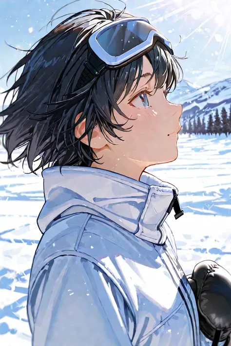  1girl 、Ginsekai Ski Resort、Ultra Close Shot:2.5、profile、face focus、goggles from above and looking at the distance with a sad face、 looks up、looking away、White Breath、Detailed eye expression、A cute  old Japanese person、(Black hair swaying in the wind:5)、(S...