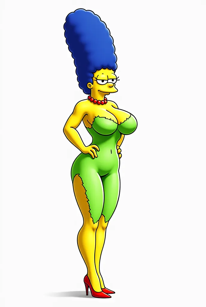 A very fit, muscular, huge breasts, marge Simpson, exposed tits, exposed puss, Naked, red high heels, thigh highs, in a office room.