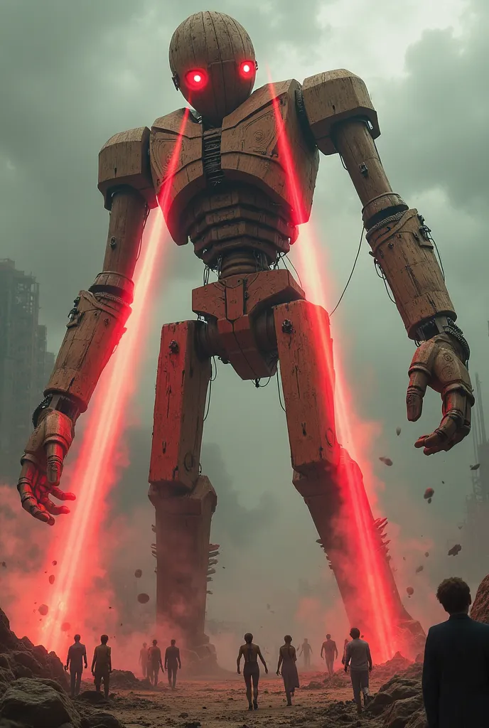 A giant wooden puppet burning humans with his laser eyes