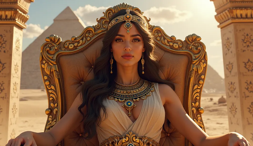 Queen Cleopatra Seated on the Throne , long brown hair , brown eyes ,  light white skin , piramides landscape