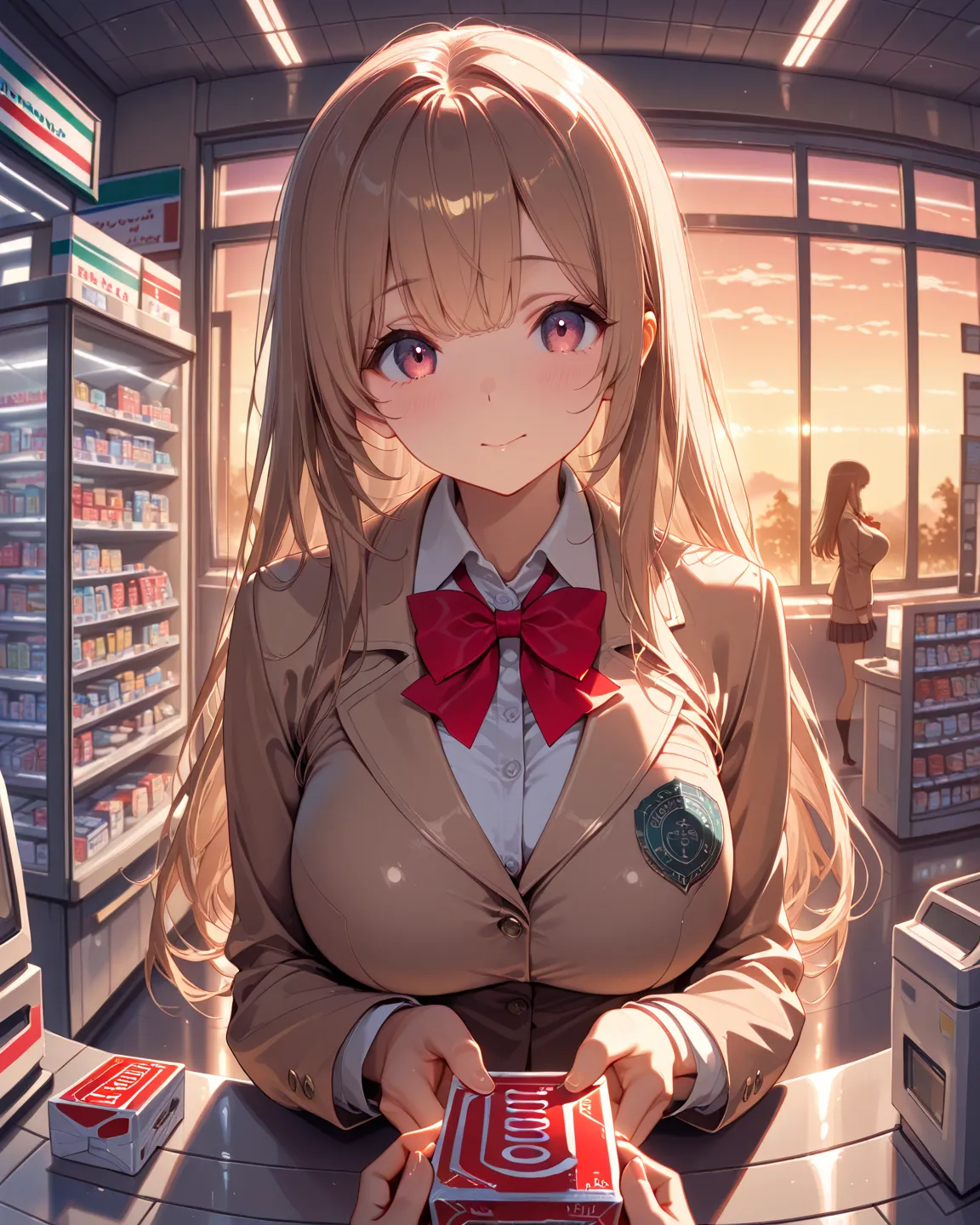 masterpiece, best quality, high quality, highres,

long hair , (wavy hair:0.2), bronze hair , bangs, large breasts, cute face, (tareme:0.8),

collared shirt, brown blazer, school uniform, red bow,

indoors, convenience store, counter, Evening, Window, Hold...