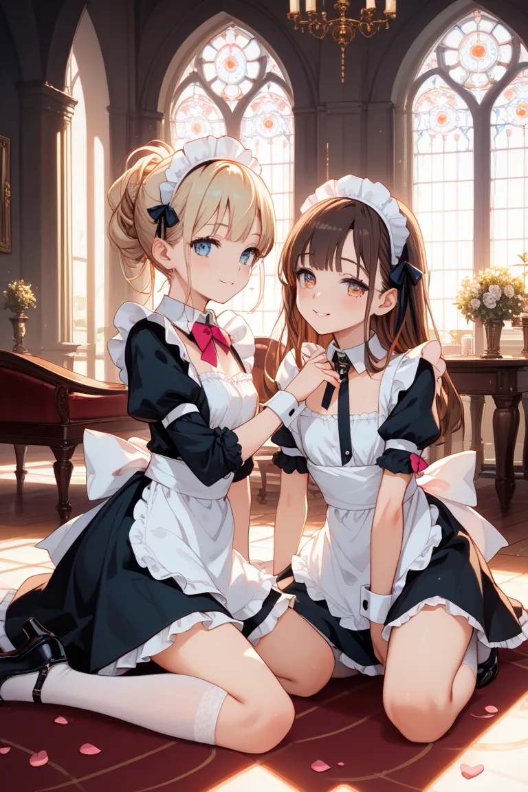 Maid clothes, girl, cute girls with chains tied to collars, love, love, master-servant relationship, 2 people