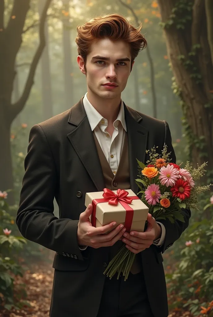 Edward Cullen from the movie Twilight holds a gift and a bouquet of flowers