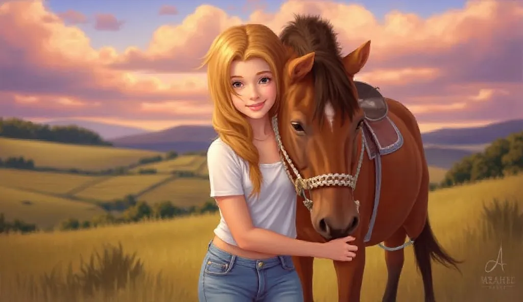 give me a picture of the brown horse standing next to a girl with a happy face in a peaceful sunset afternoon