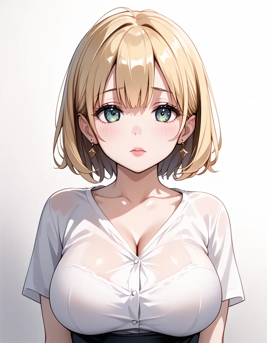 (( best quality:1.4)),  white black,Big Breasts, adult woman with yellow short hair ,  mature face with thick lips,  white short sleeve shirt, sad expression