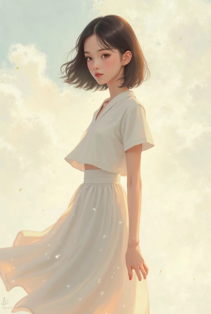  A girl wearing a short white shirt with a white skirt below the knee