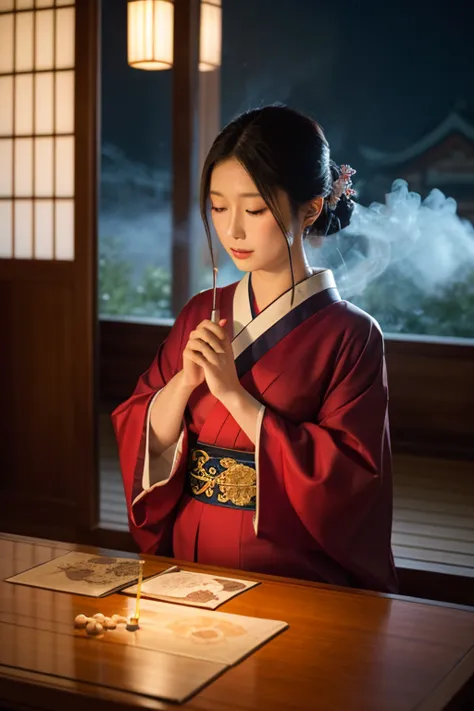 A mystical Japanese fortune teller named Tsukino, elegantly dressed in traditional kimono under the soft glow of moonlight. She gracefully plays a traditional Japanese musical instrument, such as a koto or shamisen, surrounded by an ethereal atmosphere. Th...