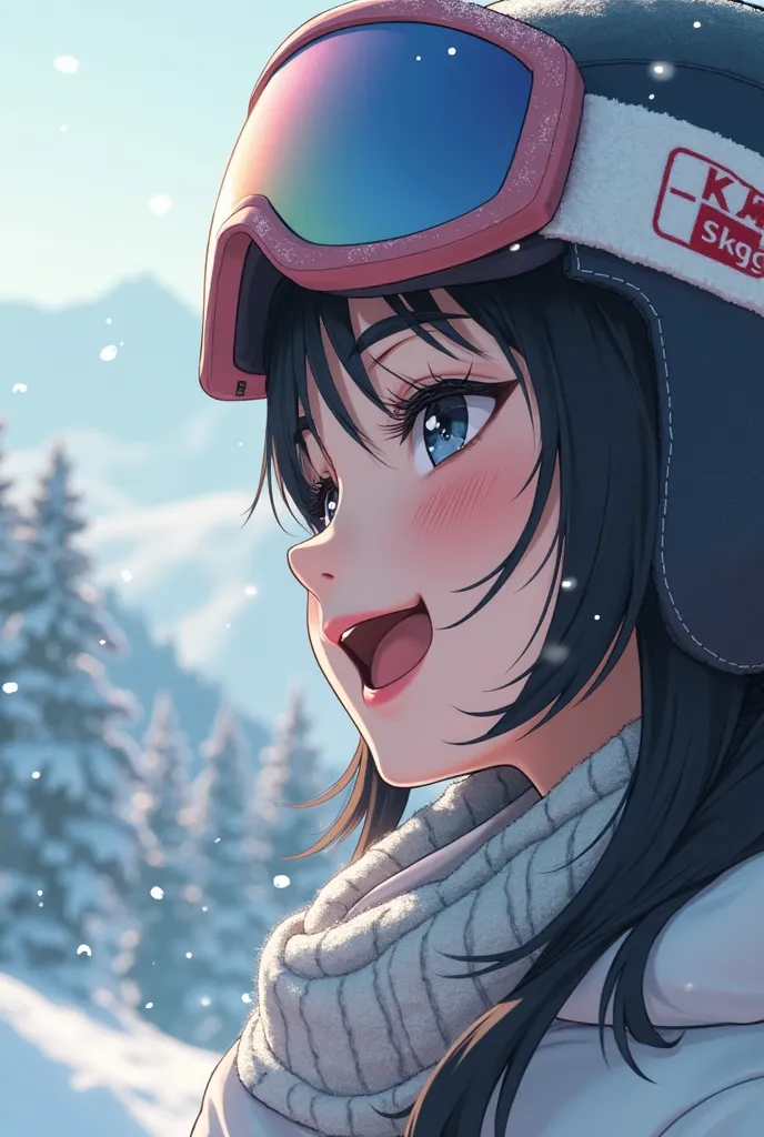  1girl 、Ginsekai Ski Resort、Ultra Close Shot:2.5、profile、face focus、Girl taking off her goggles, staring at me and laughing、 looks up、looking away、White breath from the mouth、Detailed eye expression、A cute  old Japanese person、(Black hair swaying in the wi...