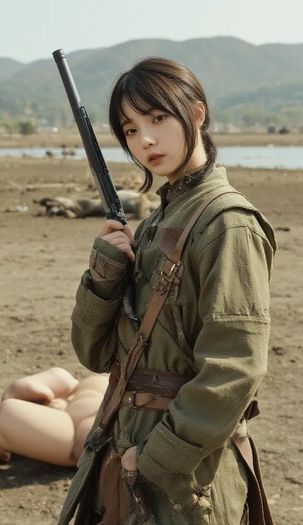 A Slimmed Chinese Ranger Beauty， expression is cool，Handheld shotgun ，A skinny Chinese beauty standing at war，Wearing a Hanseatic suit，Severely damaged clothes ，showing boobs，NO NIPPLES，45-degree angle，The whole body of the person can be seen，Lower body wi...