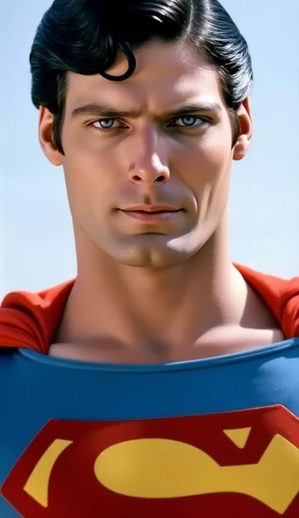 Superman has an American face.of a man in a Superman costume looking at the camera.  